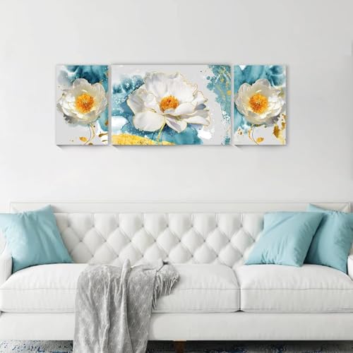 SERIMINO Peony Flower Canva Wall Art for Living Room, Modern White Blossom Artwork Blue Floral Picture Wall Decor for Bedroom Bathroom Kitchen Dining Room Prints Paintings for Home