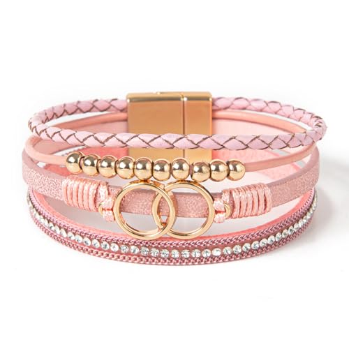 Rantanto Boho Braided Leather Wrap Bracelet Trendy Layered Cuff Bracelets Bohemian Stackable Fashion Bracelet Jewelry For Women (Circle Pink)