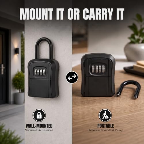 Image of Karomouj 4-Digit Password Key Safe | Waterproof Wall-Mounted Lock Box | Secure Spare Key Storage Holder for Home, Garage, Office, Garden & Outdoor Areas, Portable Design | 1 Pack | Silver