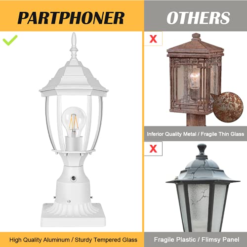PARTPHONER Dusk to Dawn White Outdoor Post Light with Pier Mount Base, Waterproof Pole Lantern Light Fixture, Exterior Lamp Post Lantern Head with Clear Glass Panels for Garden, Patio, Pathway by PARTPHONER - Image 4