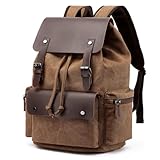 TOKSHOP Mochila de Lona com Partes em Couro e Compartimento Para Notebook de Até 15.6 Polegadas Impermeável Resistente Costura Reforçada com Diversos Bolsos (Marrom, único)