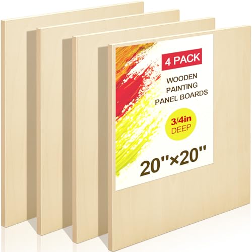 Tenceur 4 Pack 20" x 20" Birch Wood Panel Boards Kit Unfinished Wood Canvas Wooden Panel Boards for Painting 3/4" Deep Depth Wooden Canvases for Pouring Art Media Craft Burning Acrylic Oil
