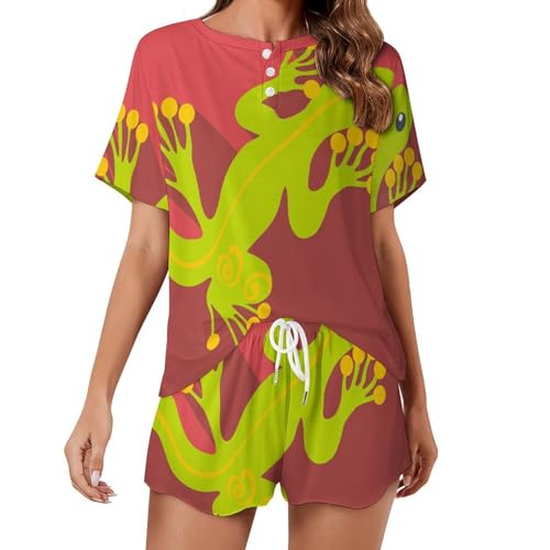 Ensemble de pyjama pour femme manches courtes vêtements de nuit été sleepwear vert gecko
