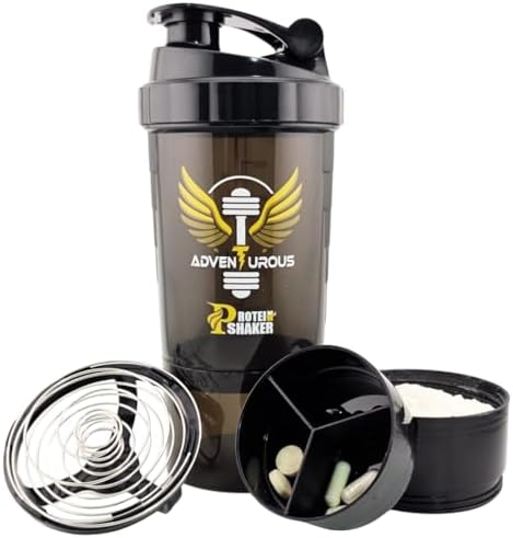 Protein Shaker Bottle with Storage for Powder & Pills – Leak-Proof, BPA-Free, Adventurous Smooth Mixing Shaker Cup for Protein Shakes, 16 oz, Black