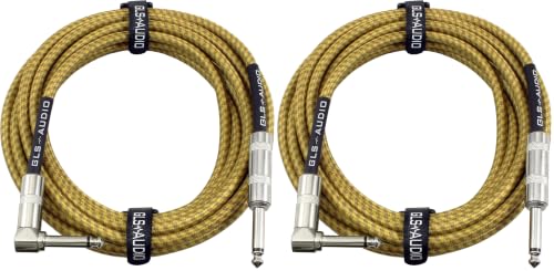 Image of GLS Audio Instrument Cable - Amp Cord for Bass & Electric Guitar - Straight to Right Angle 1 /4 Inch Instrument Cable - Brown /Yellow Braided Tweed, 20ft (Pack of 2)
