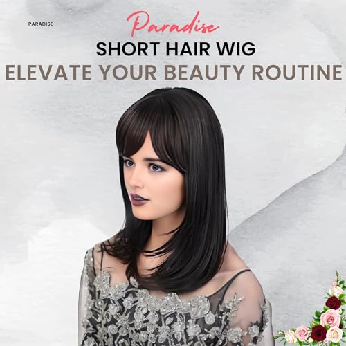 Image of Paradise 20-Inch Synthetichair Wigs For Women Full Head With Bangs - Full Head Short Wig for Women & Girls | Natural Black, 140g | Includes 4 Wig Clips, 2 Wig Caps & Carry Pouch