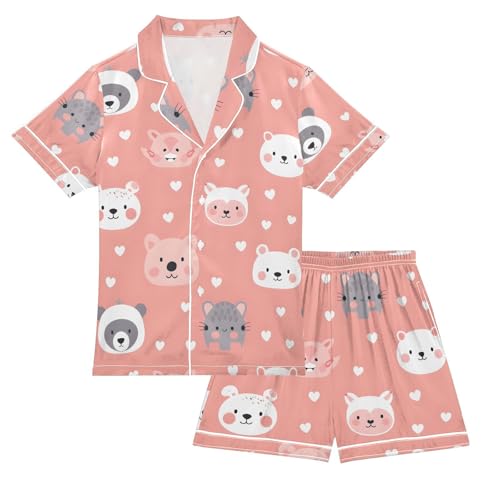 ALAZA Cute Bear Heart Pajamas Satin Pajama Set Short Sleeve Button Down Sleepwear