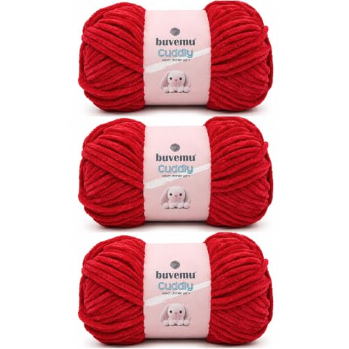 Image of Cuddly Velvet Chenille Yarn, Super Soft Bulky, Red, 3-Pack