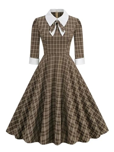 Braun Kariertes Rockabilly-Midikleid, Umlegekragen, Schleife, 3/4-Ärmel, Winter-Damen-Elegantes Kleid-Braun-M