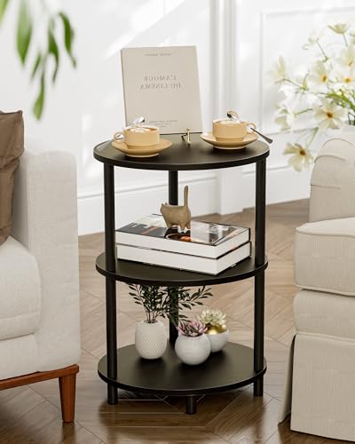 Image of Small Round Side Table - 3-Tier Oval Accent Table for Small Spaces, Rustic Wood and Metal Couch End Table, Nightstand for Bedroom or End Table Living Room, Easy to Assemble, Charcoal Wenge