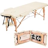Yaheetech Table de Massage Portable Pliable à 2 Zones Charge 250 kg en Bois Hêtre Hauteur Réglable avec Appuie-tête Amovible Sac de Transport 213 x 60 cm/Crème