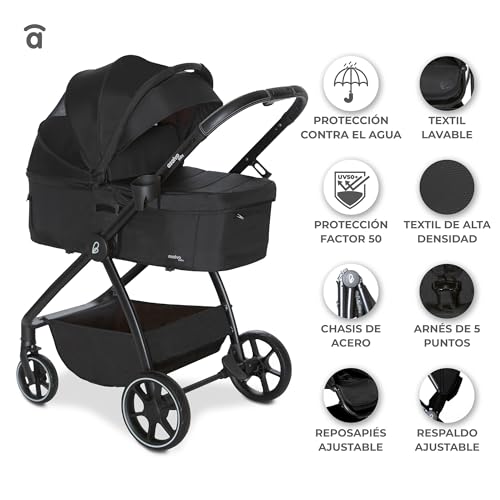 Miniatura 4 de Asalvo Rodas Trío Convertible, 3 En 1, Silla De Paseo, Carrito De Bebé, Silla De Auto, Confortable, Segura, Capota Extensible, Suspensión En Las Ruedas, Freno Trasero, Carga Máxima 23 Kg, Negro