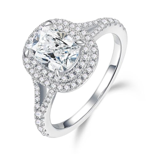 MOOSEA 2ct Moissanite Engagement Rings for Women - Cushion Cut D Color VVS1 Clarity Lab Created Moissanite Halo Promise Ring for Her 14K White Gold Plated Sterling Silver Jewelry Gifts