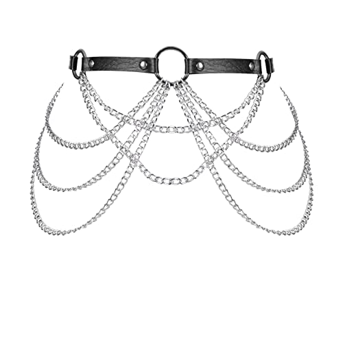 JMMHSS Punk Taillenkette Gürtel Leder geschichtete Körperketten Rave Körperschmuck Zubehör für Frauen und Mädchen (Schwarz) Cover