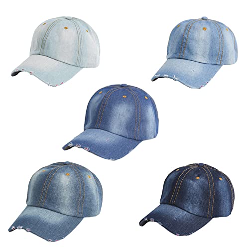 5 Pcs Denim Baseball Caps, Unisex Distressed Jean Hats, Logo Free Denim Bleached Plain Dad Mom Hats (Set 1) #TOP4