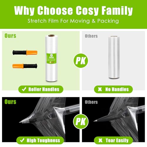 Image of Cosy Family Plastic Wrap Stretch Film Roll - 1000ft 60 Gauge Industrial Strength 18 inch Wide Clear Plastic Wrap Roll with Handles for Pallet Wrapping Shipping Moving - Clear, Pack of 2