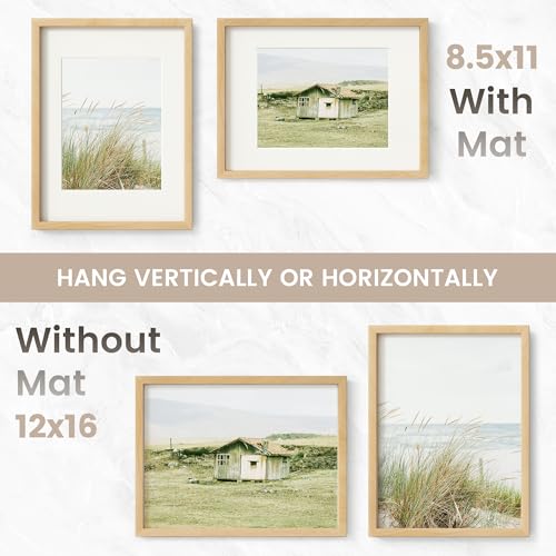 Image of 12x16 Picture Frame, USA-Sourced Natural Beech Wood Photo Collage Frame with HD Tempered Glass, Modern Simple 12 x 16 Wooden Frame Matted to 8.5x11, Vertical & Horizontal Wall Hanging Display