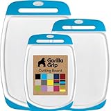 Gorilla Grip Original Reversible Cutting Board, 3 Piece, BPA Free, Dishwasher Safe, Juice Grooves, Larger Thicker Boards, Easy Grip Handle, Non Porous, Extra Large, Kitchen, Set of 3, Aqua