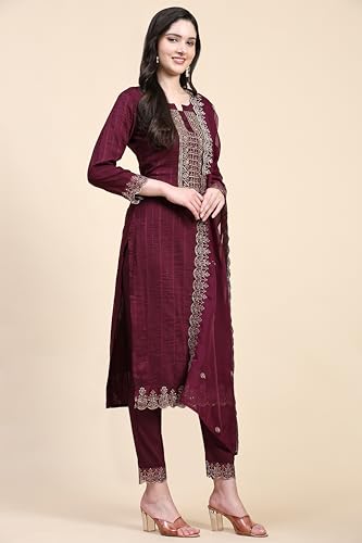 طقم بدلة سلوار مطرزة من القطن للنساء من تريند مولز وبنطلون كورتا ووشاح دوباتا (G148-ارجواني-M)