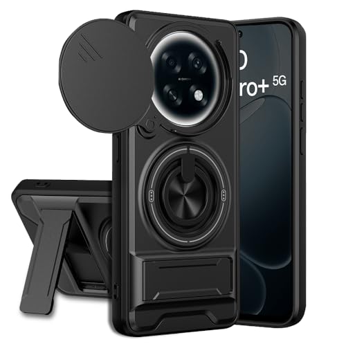 Image of Oppo F31 Pro Plus 5G Back Cover | Armor Camera Slider 360 Degree Rotating Finger Ring Holder Case with Bracket Stand Back Case Cover (Compatible with MagSafe Accessories) (Black)