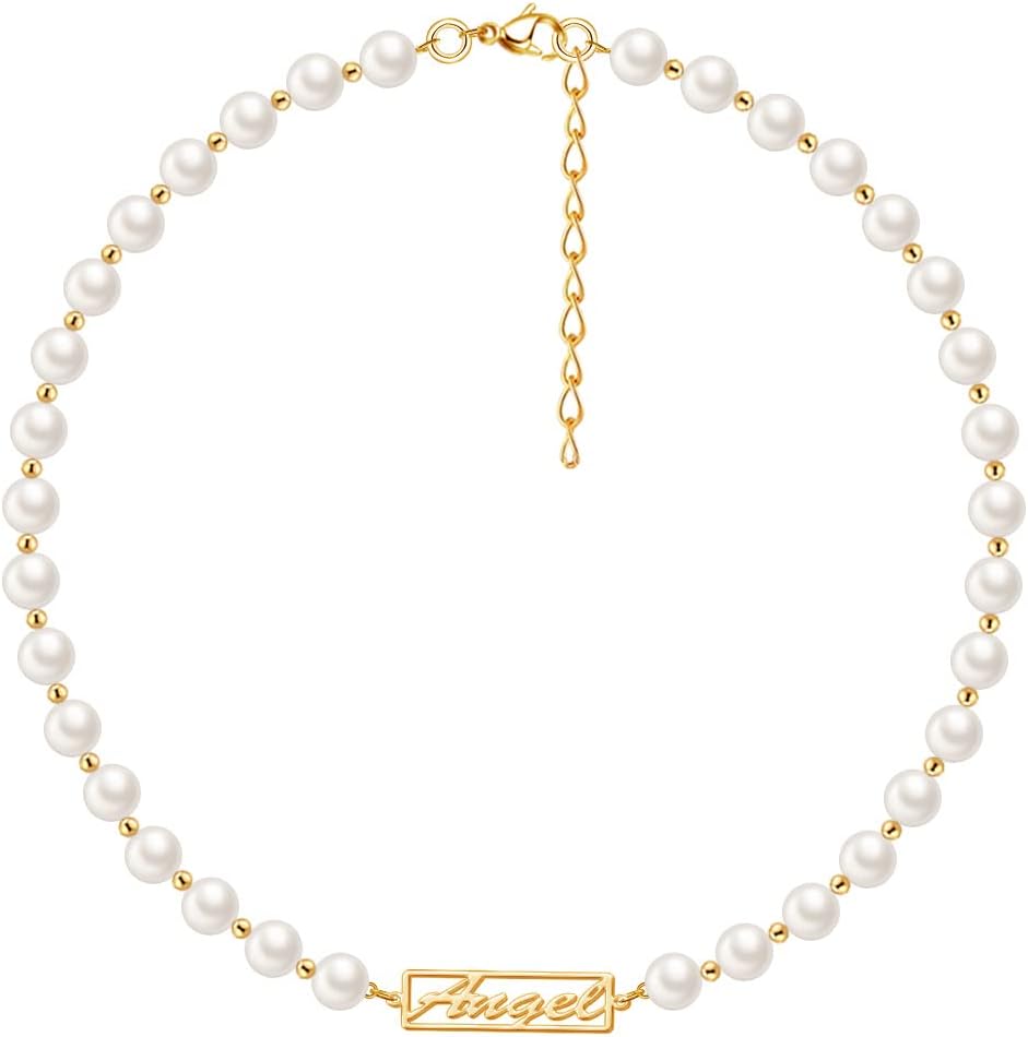 Custom Pearl Necklace with Name, Personalized Nameplate Necklace Customized Bridesmaid Gifts for Women