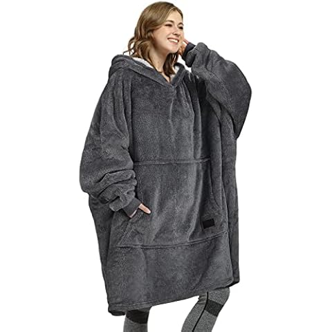 Kato Tirrinia Oversized Hoodie Blanket, Warm Gifts for Women, Cosy Sherpa Sweatshirt, Soft Wearable Fleece Blanket, Giant Hoody Sweater with Front Pocket Adults Men Friends Ash Black Cover