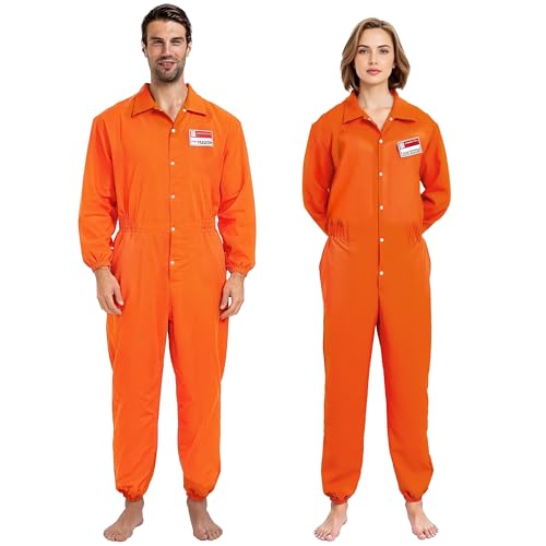 Spooktacular Creations Herren Gefangener Kostüm, Insasse Jailbird Sträfling Orange Overall mit Namensschild (X-Large, Orange)