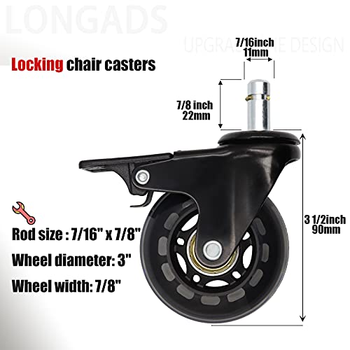 𝑳𝑶𝑵𝑮𝑨𝑫𝑺 𝟓 𝙋𝙖𝙘𝙠𝙨 𝟑 𝙄𝙣 Office Chair Caster Wheels With Brakes For Hardwood Floors And Low Pile Carpet,Heavy Duty Quiet Swivel Replacement -Made From Soft Premium Pu Rubber-Black #TOP2