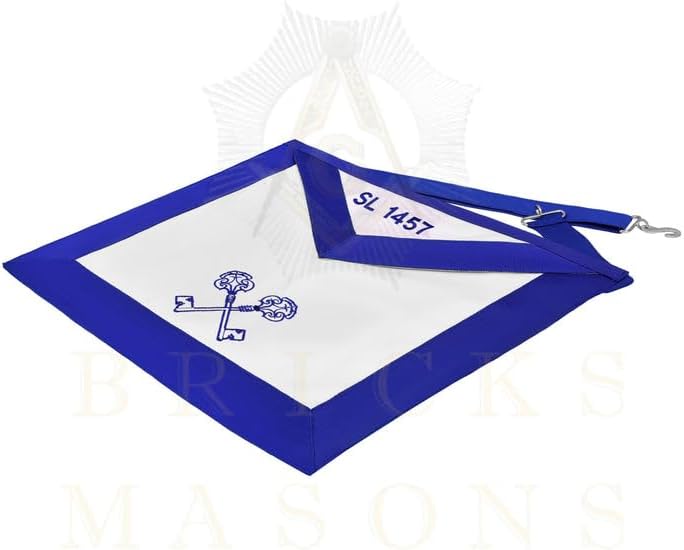 Bricks Masons Treasurer Blue Lodge Officer Apron - Blue Ribbon With Machine Embroidery Customizable Flap