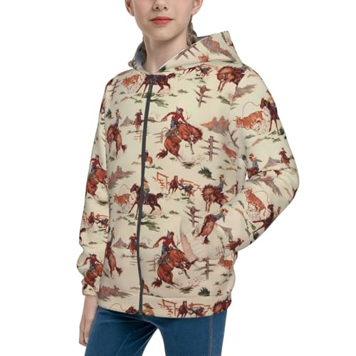 Western Cowboy Kids Pullover Hoodies Boys Zip Up Sweatshirts Girls Athletic Clothes with Pocket