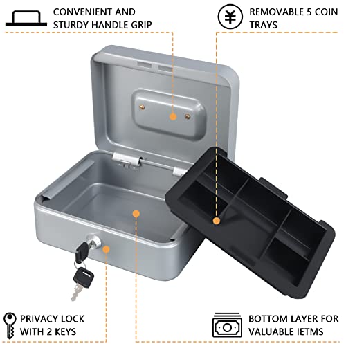 Image of KYODOLED Medium Cash Box with Money Tray,Small Safe Lock Box with Key,Cash Drawer,7.87 inchx 6.30 inchx 3.54 inch Lightgrey Medium