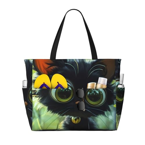 Cute Big-Eyed Black Cat Print Beach Pool Bags Tote For Women Ladies Large Gym Tote Carry On Bag For Weekender Travel Waterproof