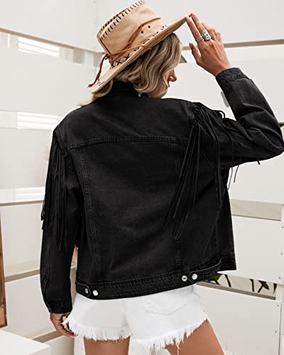 Vetinee Denim Jacket For Women Black Jean Jacket Women Casual Jackets For Women Black Shacket Women Shacket Women's Western Jacket Black Fit Size Large L Size 12 Size 14 #TOP1