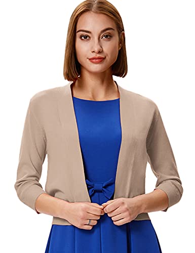 Women's Cropped Knitted Sweater 3/4 Sleeve Open Front Knitwear Cardigan Coat Large Tan #TOP1
