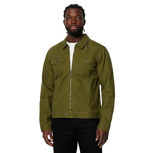 Amazon Essentials Men's Cotton Canvas Zip-Front Trucker Jacket, Dark Olive, Large