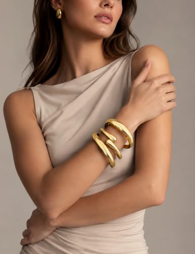 Image of Chunky Gold Bangle Bracelets for Women, Dainty 14k Gold Plated Big Stackable Bangles Set, Trendy Statement Cuff Bracelet Stack Fashion Jewelry Gifts