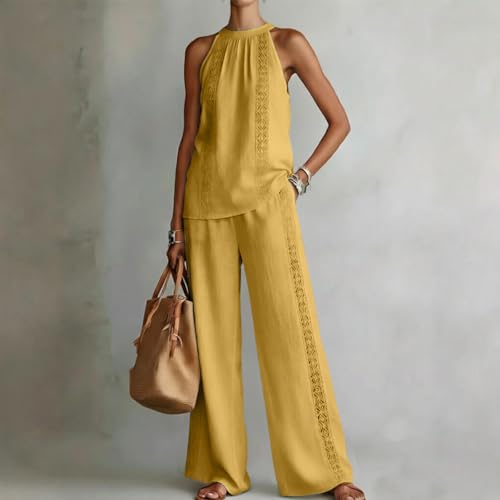 Conjunto de dos piezas con top halter y pantalón palazzo de caída elegante y fluida 2