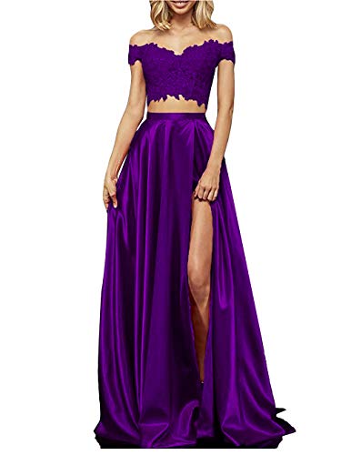 yinyyinhs Womens Two Piece Prom Dresses Long Off Shoulder Lace Satin Slit Formal Dress Purple Size 6