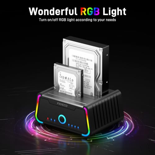 FIDECO Hard Drive Docking Station, USB 3.0 Hard Drive Dock for 2.5 inch and 3.5 inch SATA HDD SSD, HDD Docking Station with RGB Lights, Support Offline Clone and UASP - Thumbnail 2