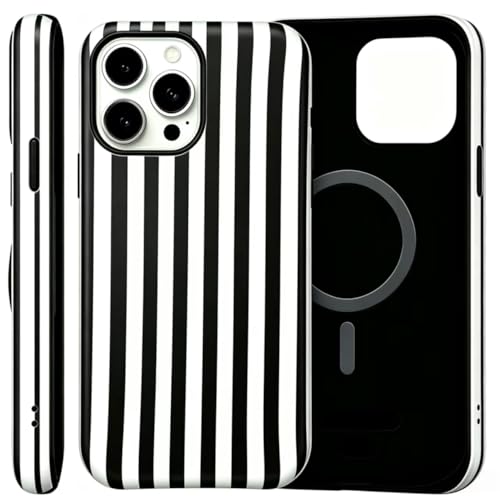 Image of for iPhone 13 /14 Case Cute Phone Case,Compatible with MagSafe,Dual Layer Shockproof Protective Phone Cover,Hard Shell + Silicone Cover,Fashion Design for Women Girls,Striped Black