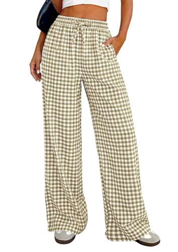 PRETTYGARDEN Womens Wide Leg Gingham Lounge Pants Summer 2026 Casual Plaid Trousers Spring Y2K Clothes Comfy Pajama Bottoms (Army Green Plaid,Large)
