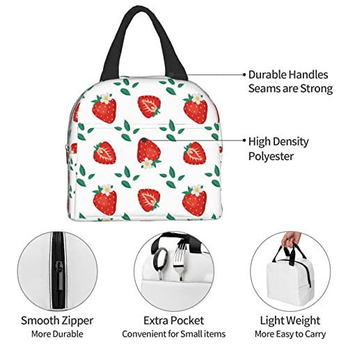 Cute Strawberry Leaves And Flowers Lunch Bag Small Insulated Lunch Box With Front Pocket Aesthetic Lunch Bags For Girls Boys Freezable Bento Box Women Men Lunch Boxes #TOP6
