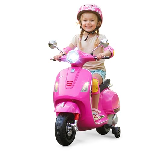 GOPLUS Moto Eléctrica para Niños 12V, Scooter Eléctrico Vespa de 4 Ruedas con Música, Luces LED, Ruedas de Entrenamiento y Doble Motor 30W, Diseño Retro-Chic para Niños de 3 a 6 Años (Rosa)