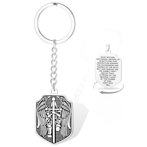 Image of VASSAGO Saint Michael Keychain St Michael the Archangel Pendant Keychain Protection Double Medal Catholic Jewelry Men (Silver)