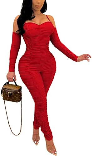 WOKANSE Women's One Piece Outfits Ruched Bodycon Jumpsuit Long Sleeve Zip Party Club Long Rompers High Waist Red XL