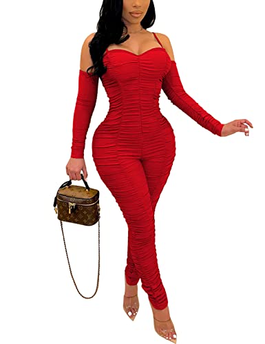Wokanse Women's One Piece Outfits Ruched Bodycon Jumpsuit Long Sleeve Zip Party Club Long Rompers High Waist Red Xl #TOP16