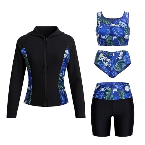 Owntop Rashguard damski zestaw 4-częściowy – koszulka do pływania z długim rękawem z ochroną UV, kąpielówki i bikini, funkcjonalny strój kąpielowy na plażę, do pływania, sportów wodnych, czarny, M