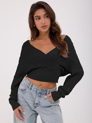 Image of ZAFUL Women's V Neck Cable Knit Sweater Long Sleeve Ribbed Crop Tops Wrap Surplice Solid Casual Pullover Jumper