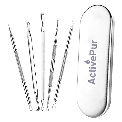ActivePur Blackhead Remover Pimple Comedone Extractor Tool Best Acne Removal Kit for Blemish, Whitehead Popping, Zit Removing for Risk Free Nose Face Skin with Metal Case - 5 Pieces Set.
