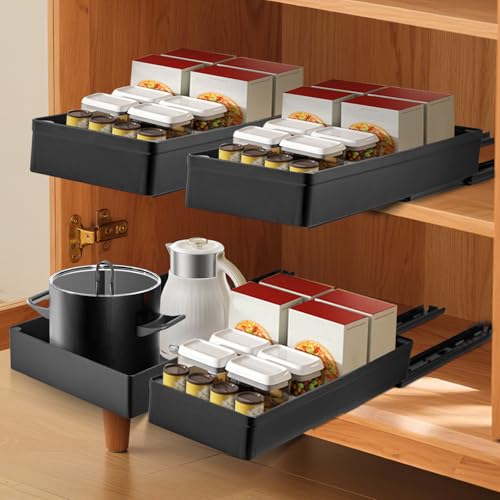 3 Pack Pull Out Cabinet Organizer, Pull Out Drawer Sliding Cupboard Organiser Cupboard Drawers Pull Out for Kitchen & Bathroom Storage No Drill for Kitchen Cabinets(Black) - Image 4